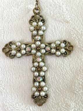 Pearl Cross Necklace 40” Long Rosary Vintage Style AB Rhinestones Boho Gothic
